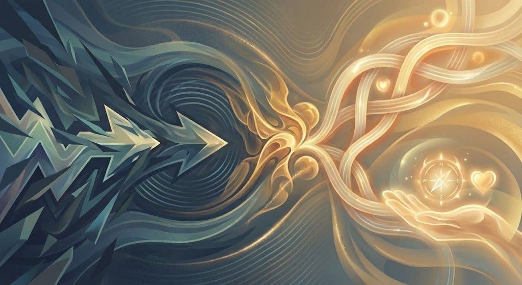 Abstrakts attēls, kur kreisajā pusē attēloti asi, tumši, bultām līdzīgi raksti, kas simbolizē spiedienu un uzmācīgu pārdošanu. Labajā pusē redzami silti, plūstoši zelta viļņi, kas izplūst no atvērtas plaukstas ar kompasu un sirds simbolu, attēlojot uzticību, virzību un padomdevēja pieeju klientu attiecību veidošanā.