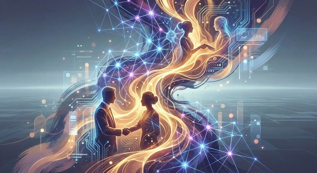 A digital illustration showing two people shaking hands, connected by flowing light patterns and AI network elements, symbolizing the collaboration between humans and technology.