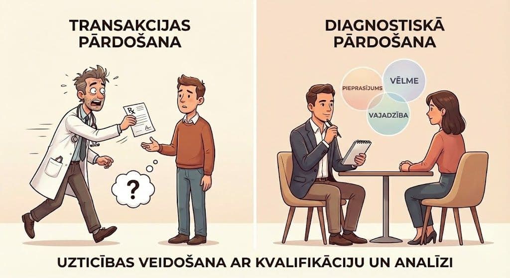 Attēls salīdzina transakcijas pārdošanu, kur “ārsts” steidzīgi sniedz recepti, ar diagnostisko pārdošanu, kur pārdevējs analizē pieprasījumu, vēlmi un vajadzību sarunā ar klientu.