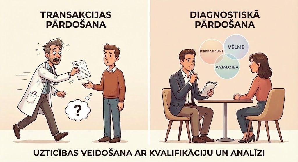 Attēls salīdzina transakcijas pārdošanu, kur “ārsts” steidzīgi sniedz recepti, ar diagnostisko pārdošanu, kur pārdevējs analizē pieprasījumu, vēlmi un vajadzību sarunā ar klientu.